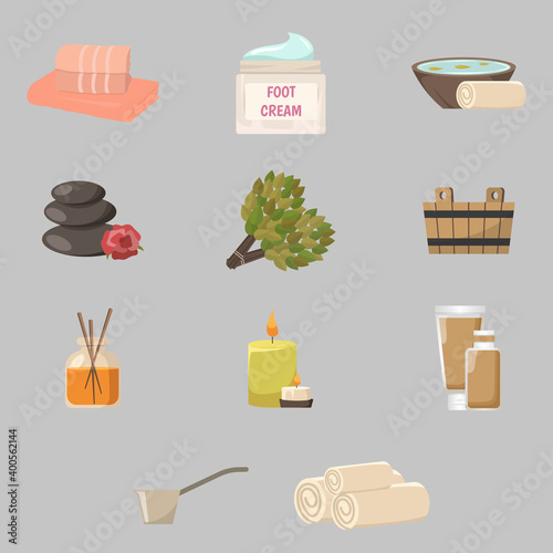 Sauna icons set, equipment and accessories. Broom leaf, towel and hot stones