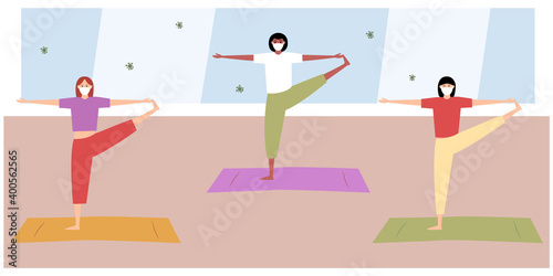 A group of multiracial masked women train in the gym during the pandemic. online yoga fitness center for lifestyle design. Flat vector. Online class. Yoga exercise concept.