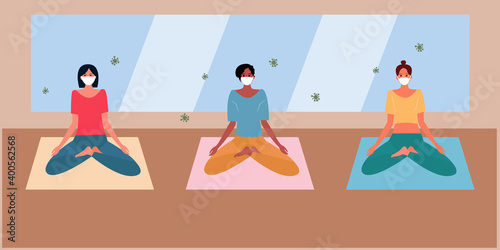 A group of multiracial masked women train in the gym during the pandemic. Flat online yoga fitness center for lifestyle design. Flat vector. Online class. Yoga exercise concept.