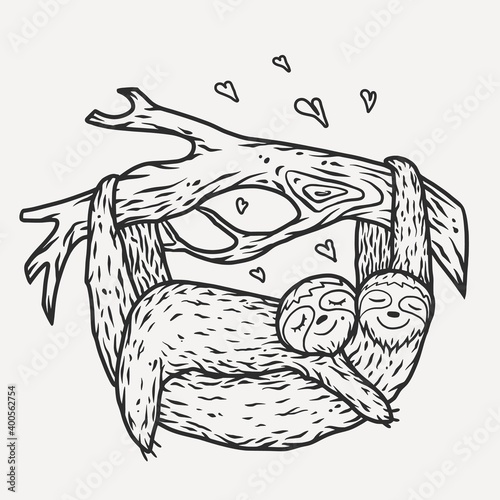 Lovers cute sloths and branch with valentine heart