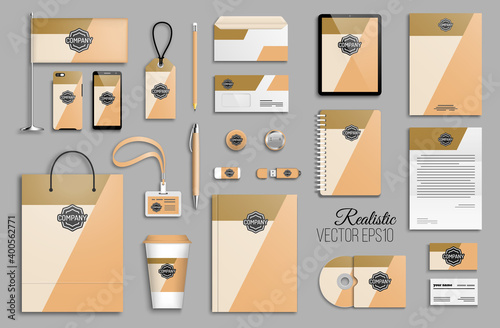 Business stationery mock-up with logo. Corporate identity template set with natural and gold colors minimal geometric background