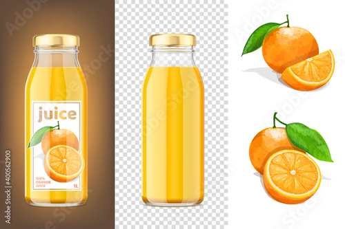 Orange juice mockup 3D bottles and oranges. Vector Illustration