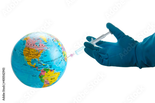 The vaccine and blue medical gloves. Vaccine show countries on the world. All countries started to get vaccinations. Which vaccine is better. On white background.