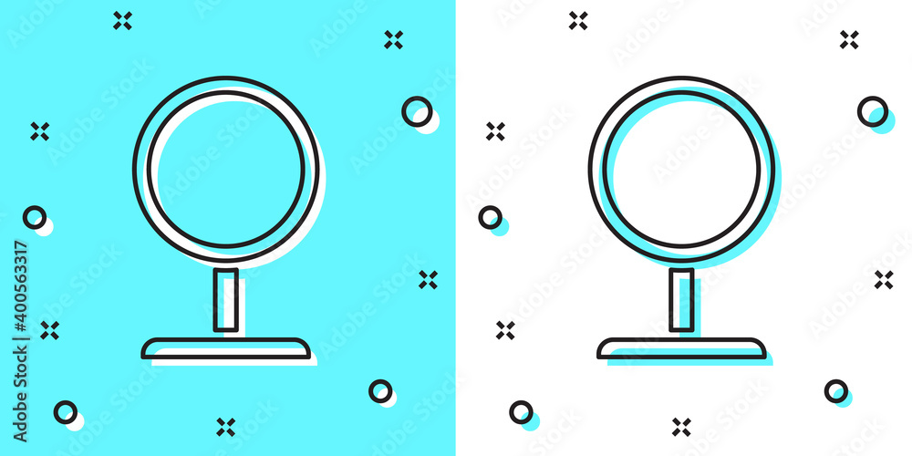 Black line Round makeup mirror icon isolated on green and white background. Random dynamic shapes. Vector. Black line Round makeup mirror icon isolated on green and white background. Random dynamic shapes. Vector.
