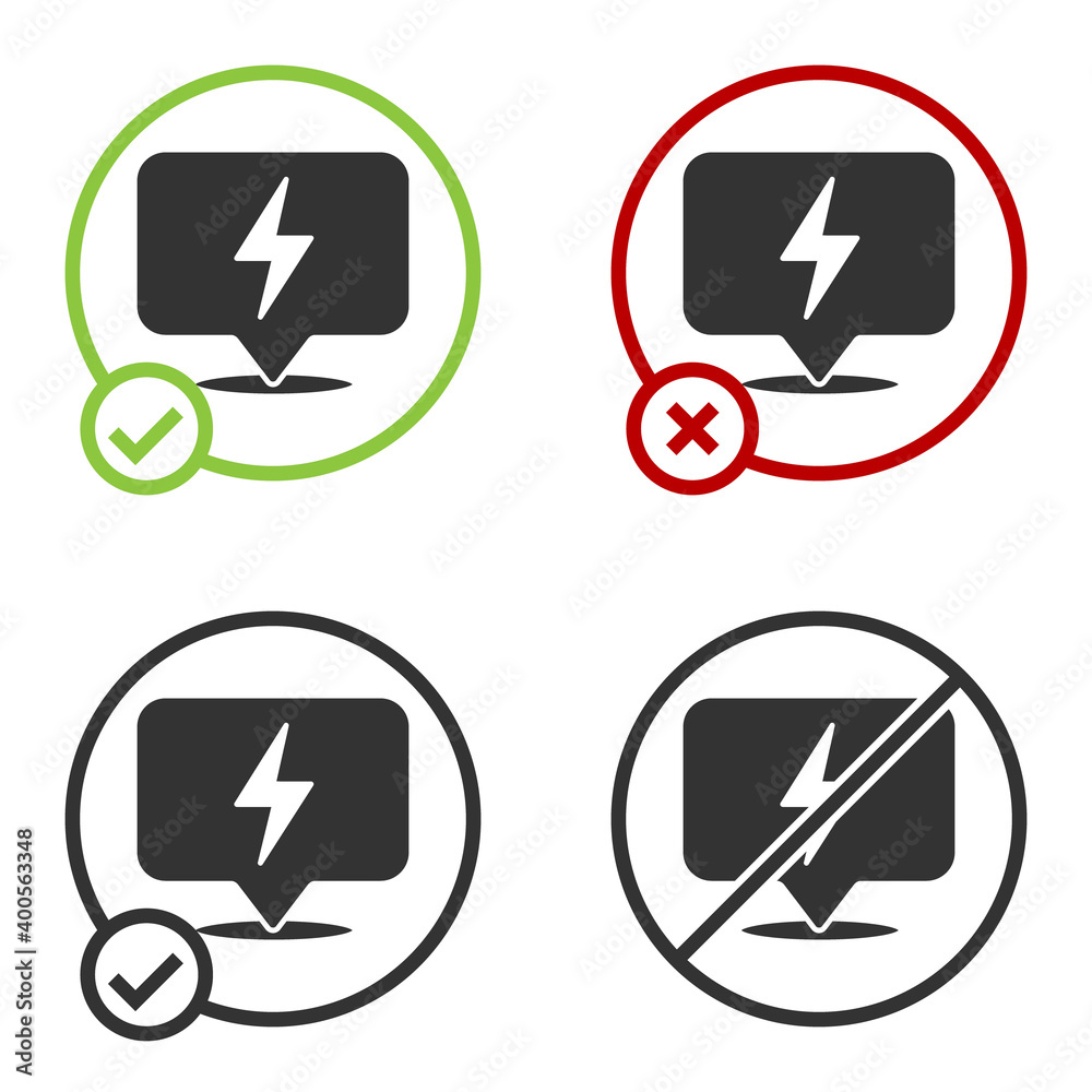 Black Lightning bolt icon isolated on white background. Flash icon. Charge flash icon. Thunder bolt. Lighting strike. Circle button. Vector.