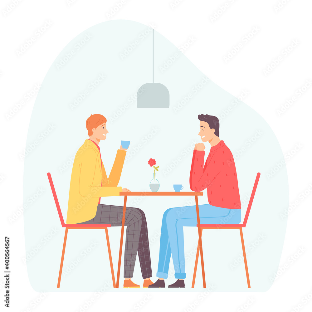Gay couple on a date in cafe. Lovers drink coffee and talk. Vector illustration in hand drawn flat style. Gay couple on a date in cafe. Lovers drink coffee and talk. Vector illustration in hand drawn flat style.