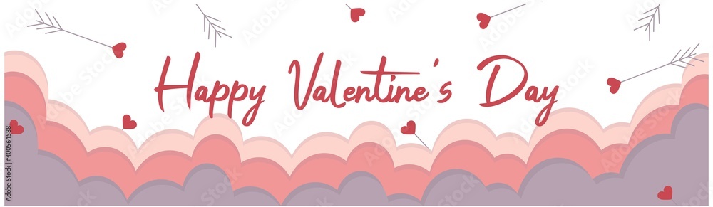 valentine's day banner with tender colored clouds and flying arrows of love with hearts. for website design, advertising, postcards