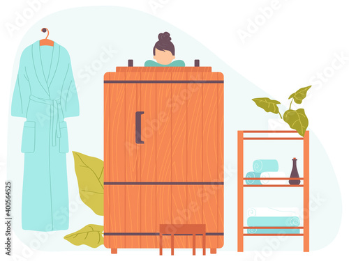 Wellness spa procedures in wooden water barrel. Woman in wooden hot tub sitting taking spa water procedure. Treatments, skin care. Vector illustration in a flat style.