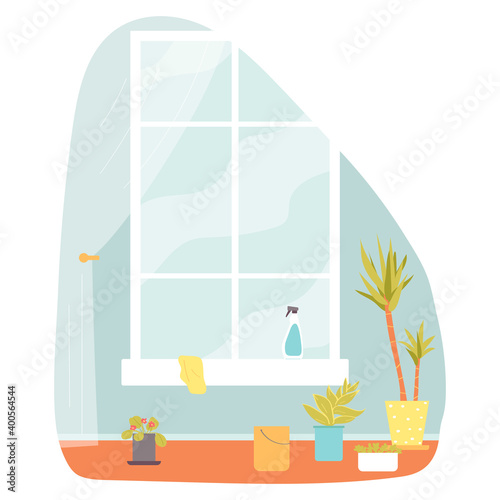 Window in the living room. Cleaning the room. Vector illustration in a flat style.