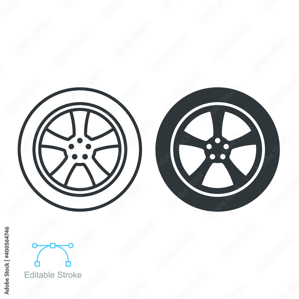 Car wheel icon symbol vector line and glyph icon. Flat and outline Tire, car rim, steering wheel discs for Automotive logo. Editable stroke vector illustration. design on white background. EPS 10