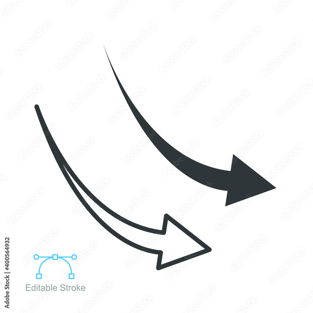 Declining arrow sign, aim, arrow, arrowheads line and glyph icon. Down right direction symbol for website and application. Editable stroke. vector illustration. design on white background. EPS 10 Declining arrow sign, aim, arrow, arrowheads line and glyph icon. Down right direction symbol for website and application. Editable stroke. vector illustration. design on white background. EPS 10
