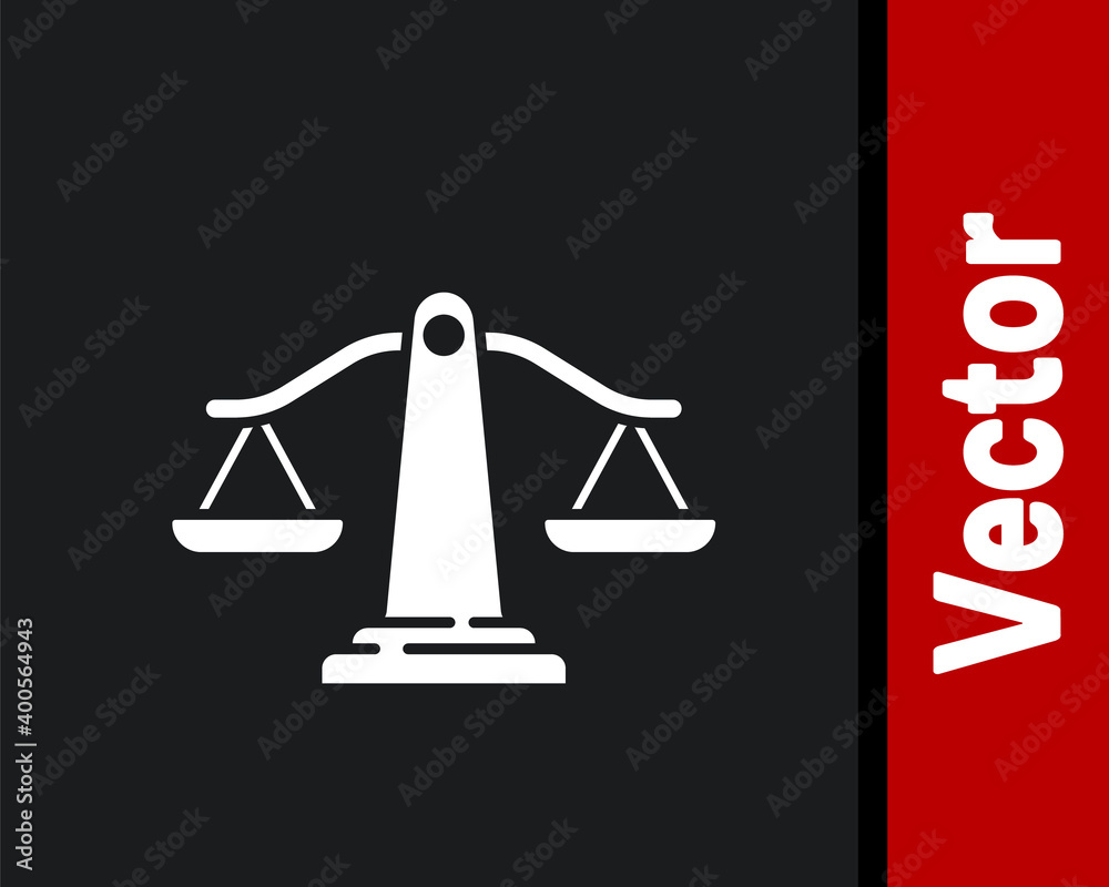White Scales of justice icon isolated on black background. Court of law symbol. Balance scale sign. Vector. White Scales of justice icon isolated on black background. Court of law symbol. Balance scale sign. Vector.