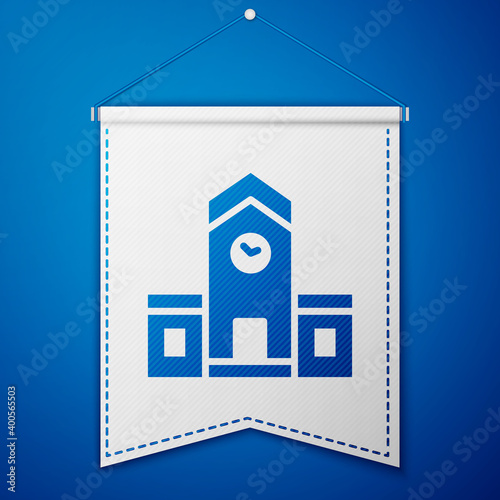 Blue Railway station icon isolated on blue background. White pennant template. Vector.