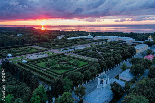 Panoramic aerial view of the park in Peterhof. Evening sunset.