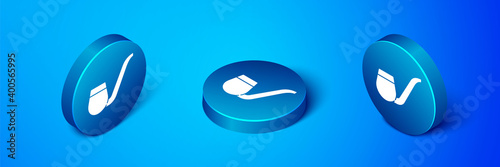 Isometric Smoking pipe with smoke icon isolated on blue background. Tobacco pipe. Blue circle button. Vector.