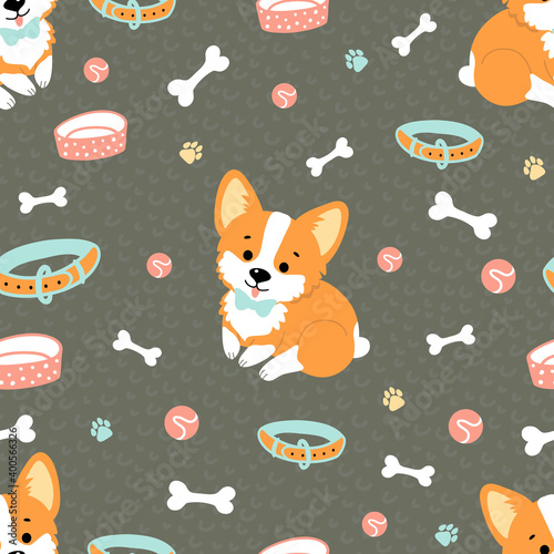 seamless vector pattern with cute corgi dogs on dark background