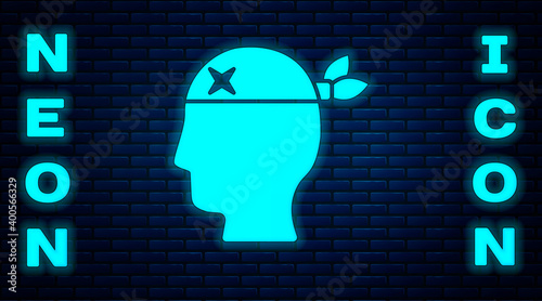 Glowing neon Pirate captain icon isolated on brick wall background. Vector.
