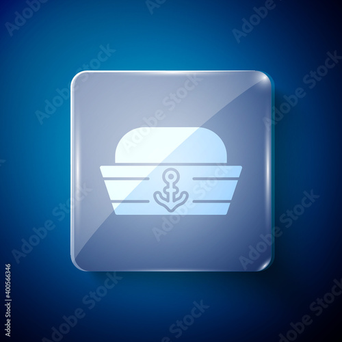 White Sailor hat icon isolated on blue background. Square glass panels. Vector.