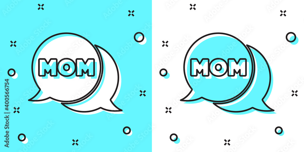 Naklejka premium Black line Speech bubble mom icon isolated on green and white background. Happy mothers day. Random dynamic shapes. Vector.