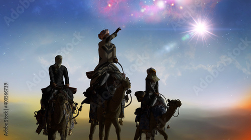 Obraz na plátne Christian Christmas scene with the three wise men and shining star, 3d render