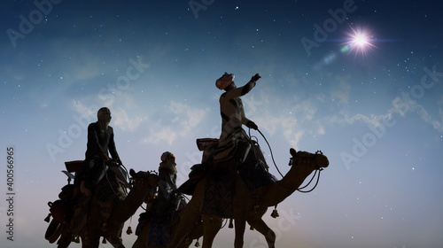 Canvas Print Christian Christmas scene with the three wise men and shining star, 3d render