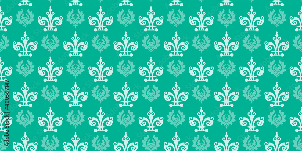 Damask wallpaper, seamless pattern. Color: shades of green, monochrome. Perfect for fabrics, covers, patterns, posters, interior design