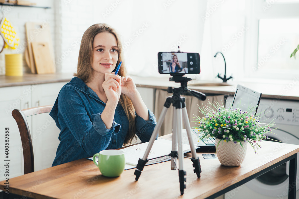 Pregnant girl works at home in self-isolation mode in quarantine and records videos Pregnant girl works at home in self-isolation mode in quarantine and records videos