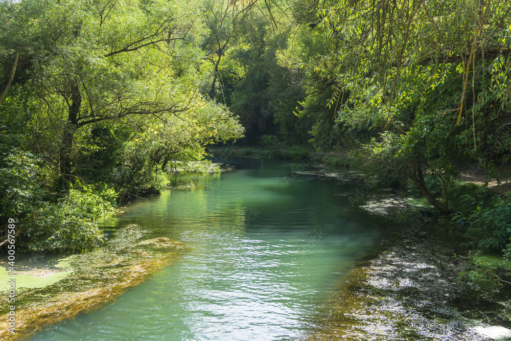 Natural park called Iskar Panega along the Zlatna Panega River near Lukovit, Bulgaria. Wooden bridge over the river. Natural park called Iskar Panega along the Zlatna Panega River near Lukovit, Bulgaria. Wooden bridge over the river.