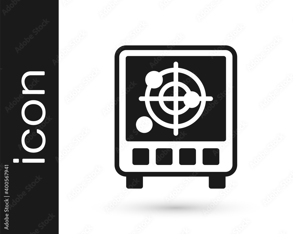 Black Radar with targets on monitor in searching icon isolated on white background. Search system. Navy sonar. Vector. Black Radar with targets on monitor in searching icon isolated on white background. Search system. Navy sonar. Vector.