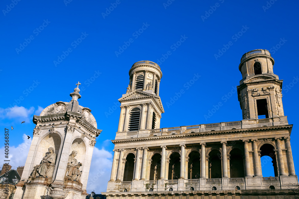 Eglise Saint-Sulpice cathedral in Paris . Roman Catholic Church in Paris 