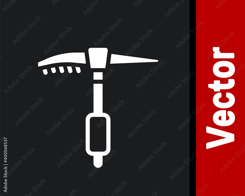White Ice axe icon isolated on black background. Montain climbing equipment. Vector. White Ice axe icon isolated on black background. Montain climbing equipment. Vector.