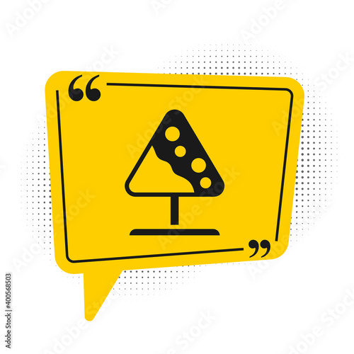 Black Road sign avalanches icon isolated on white background. Snowslide or snowslip rapid flow of snow down a sloping surface. Yellow speech bubble symbol. Vector.