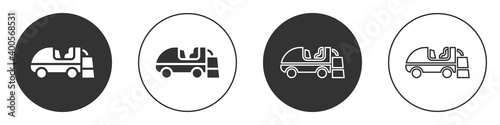 Black Ice resurfacer icon isolated on white background. Ice resurfacing machine on rink. Cleaner for ice rink and stadium. Circle button. Vector.