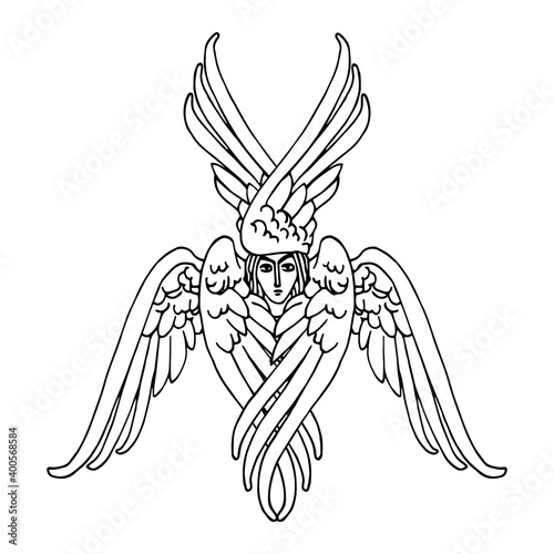orthodox six-winged seraph, heaven messenger, for christmas and easter cards, posters, vector illustration with black ink contour lines isolated on a white background in hand drawn style