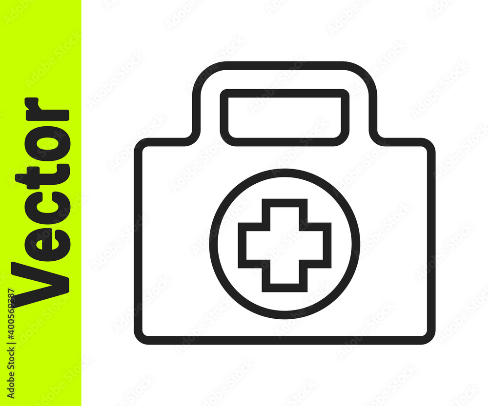 Black line First aid kit icon isolated on white background. Medical box with cross. Medical equipment for emergency. Healthcare concept. Vector Illustration. Black line First aid kit icon isolated on white background. Medical box with cross. Medical equipment for emergency. Healthcare concept. Vector Illustration.