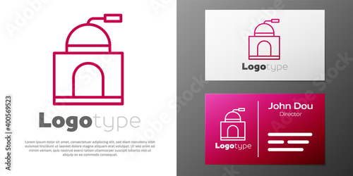 Logotype line Manual coffee grinder icon isolated on white background. Logo design template element. Vector Illustration.