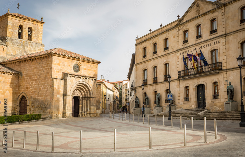 the palace of the diputacion provincial and the church of San Juan de Rabanera in Soria city, Castile and Leon, Spain