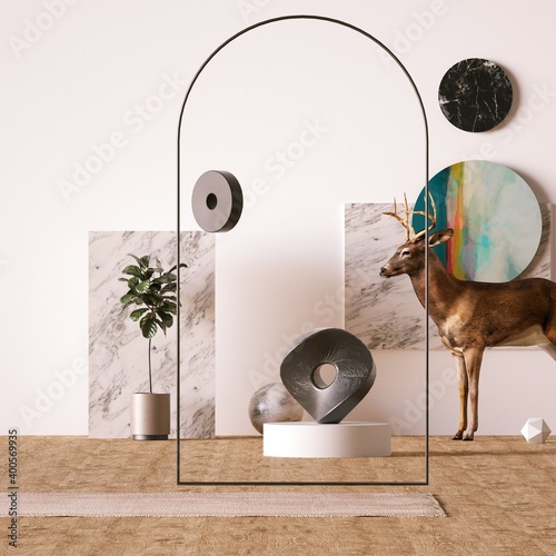 Pair Bold and Abstract Shapes with a Realistic Deer Model in a Modern Composition Room that has White Walls and Matte Wooden Floors