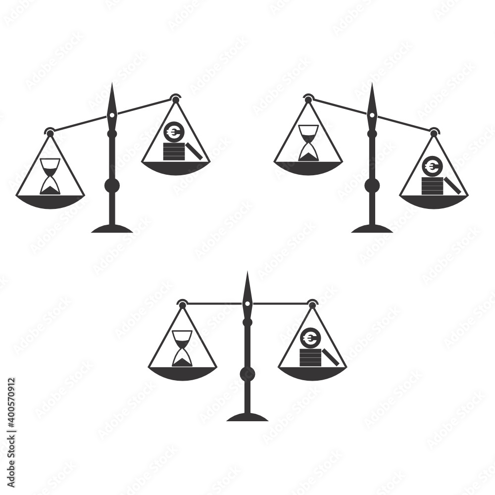 Time is money concept. Icon set of equal-arm balances with coins and hourglass. Black and white images isolated on a white background. Vector illustration. Time is money concept. Icon set of equal-arm balances with coins and hourglass. Black and white images isolated on a white background. Vector illustration.