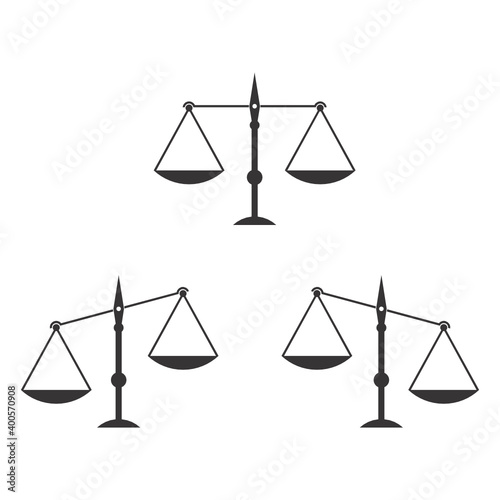 Icon set of equal-arm balances. Black and white images isolated on a white background. Vector illustration.