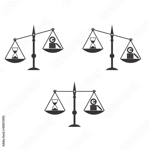 Time is money concept. Icon set of equal-arm balances with coins and hourglass. Black and white images isolated on a white background. Vector illustration.