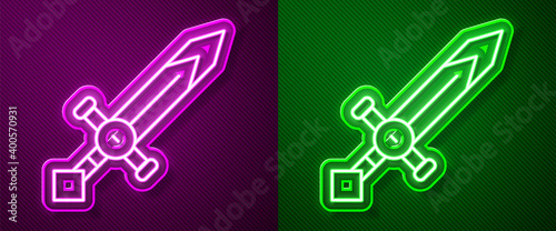 Glowing neon line Medieval sword icon isolated on purple and green background. Medieval weapon. Vector.
