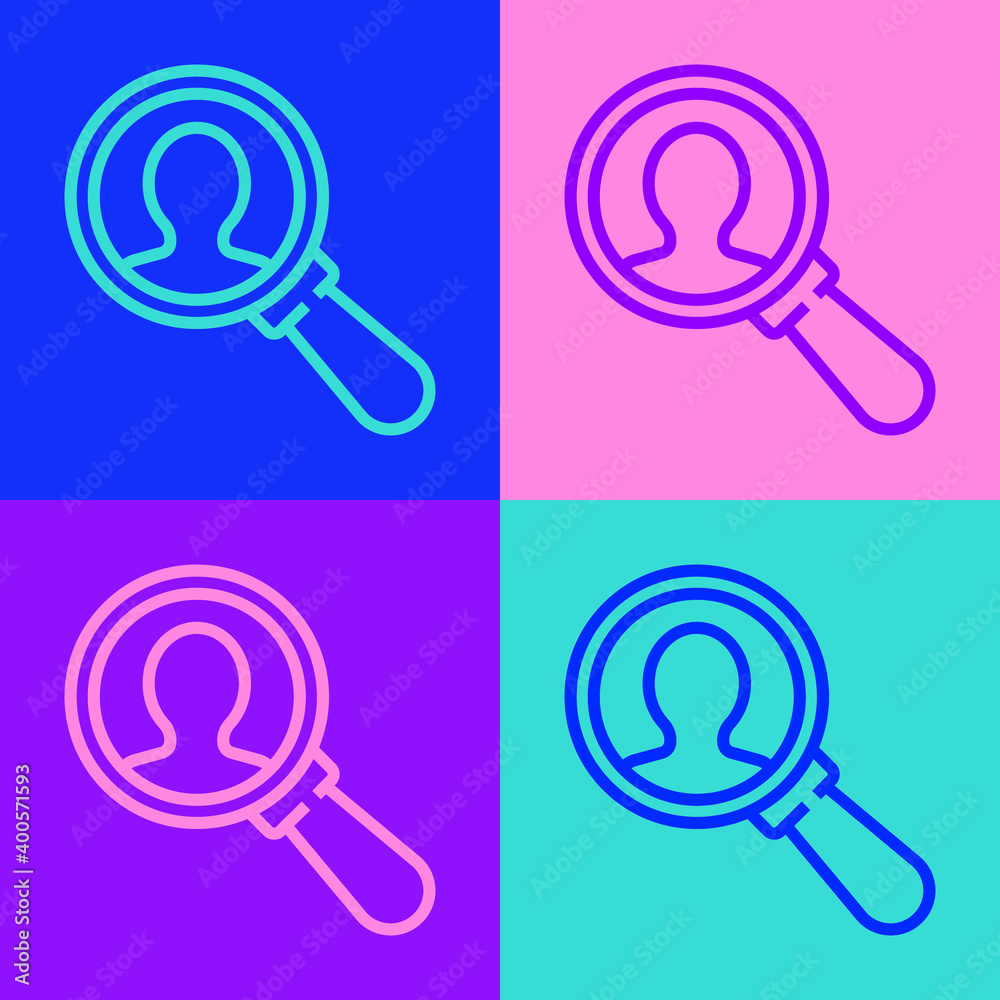 Pop art line Magnifying glass for search a people icon isolated on color background. Recruitment or selection concept. Search for employees and job. Vector. Pop art line Magnifying glass for search a people icon isolated on color background. Recruitment or selection concept. Search for employees and job. Vector.
