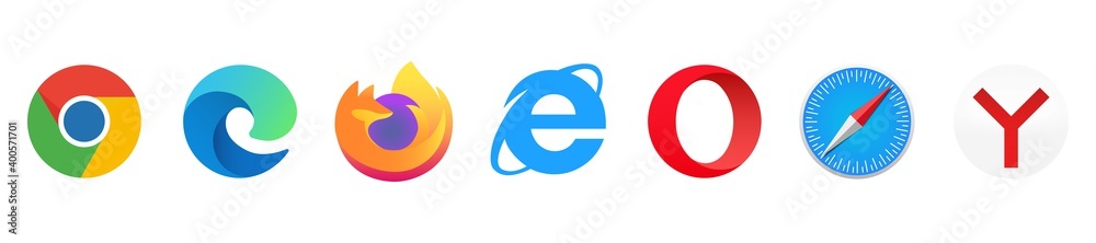 Mozilla Firefox, Microsoft Edge, Google Chrome, Internet Explorer, Opera,  Safari, Yandex - popular internet browsers. Kyiv, Ukraine - December 20,  2020 Stock Vector | Adobe Stock