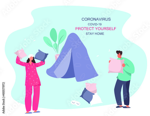 Pillow Fight and Home Hovel.Characters Made Blanket Fortress.Pajama party.Tent at Home with Pillows For Children or Family.Time at Home During Quarantine. Flat Vector Illustration
