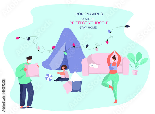 Family Made Blanket Fortress in Pajamas.Home Hovel.Pajama party.Pillow Fight.Tent at Home with Pillows For Children and Family.Time at Home During Quarantine.Flat Vector Illustration