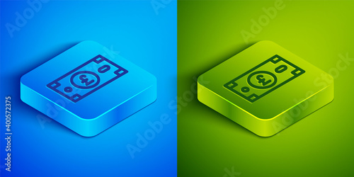 Isometric line Pound sterling money icon isolated on blue and green background. Pound GBP currency symbol. Square button. Vector.