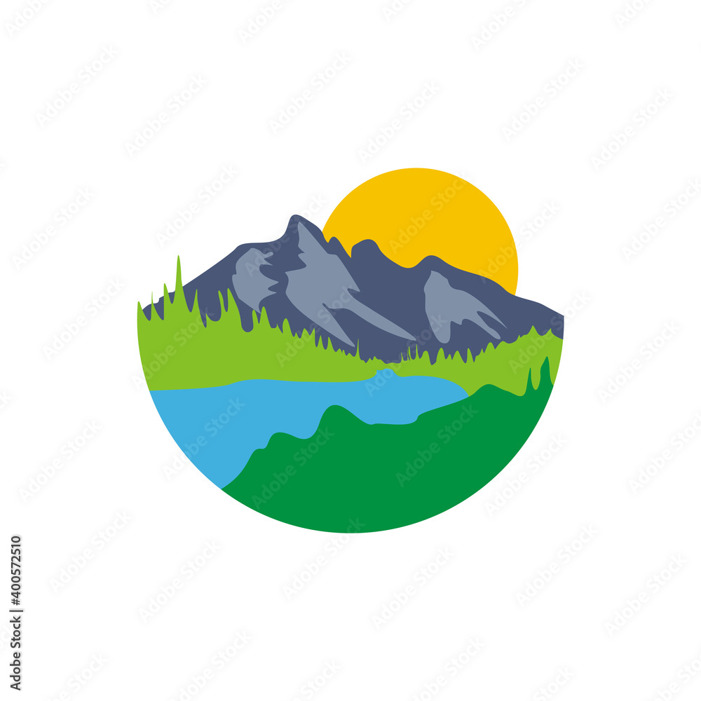 vector landscapes of nature, mountains, trees and lakes
