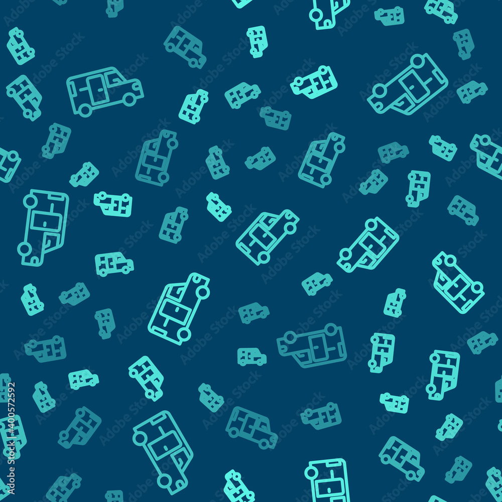 Green line Minibus icon isolated seamless pattern on blue background. Vector. Green line Minibus icon isolated seamless pattern on blue background. Vector.