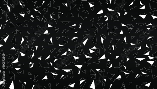 A trendy modern black background of chaotically scattered shards of glass, mirrors, pieces of metal. Vector illustration.